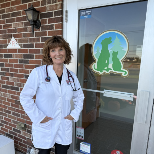 Picture of Dr. Dolores Costantino in front of the main door to Old York Vet.